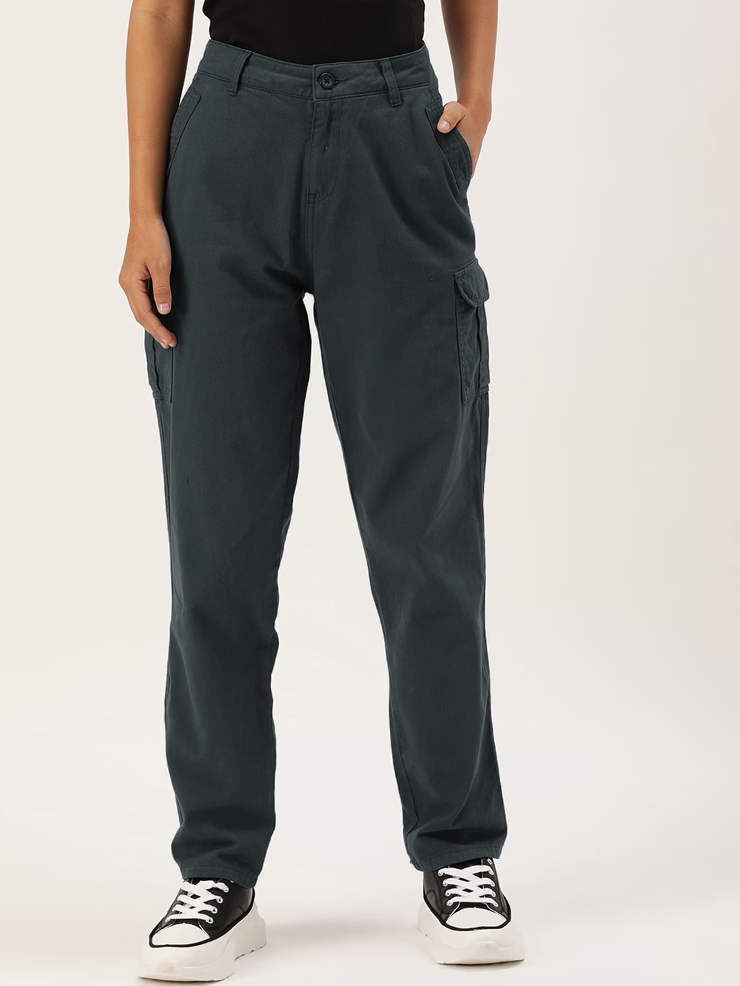 

IVOC Women Mid-Rise Cotton Slim Fit Cargos Trousers, Grey