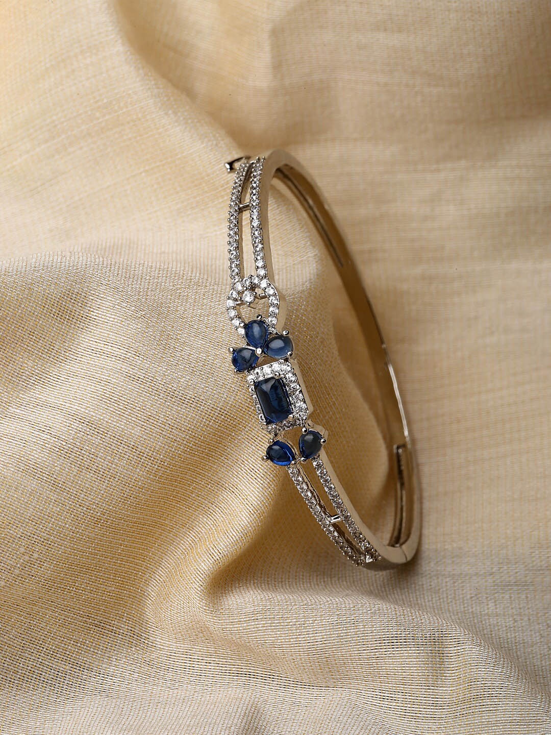 

ZENEME Women Silver-Toned & Navy Blue Brass American Diamond Rhodium-Plated Kada Bracelet
