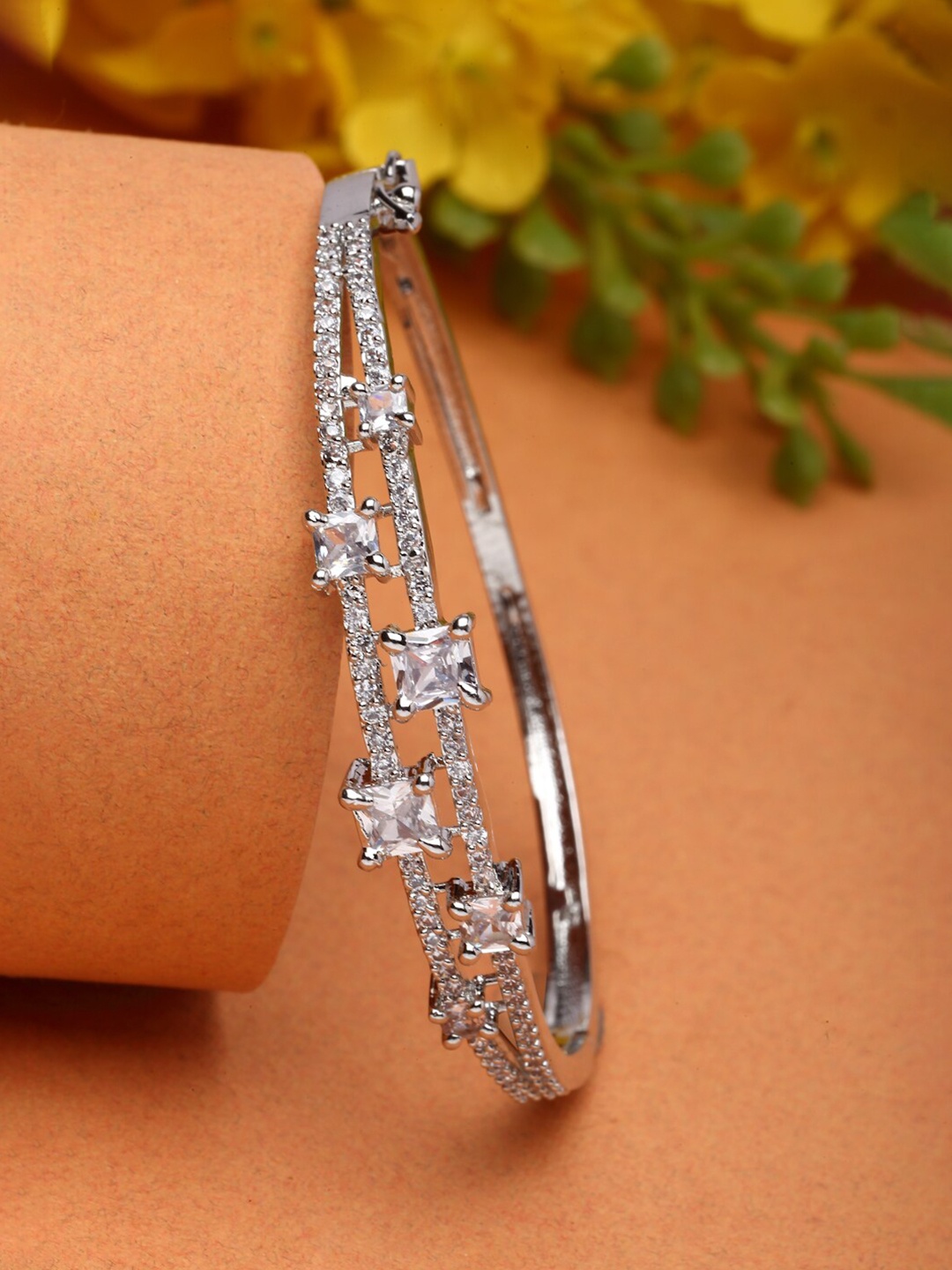 

ZENEME Women White Brass American Diamond Rhodium-Plated Kada Bracelet