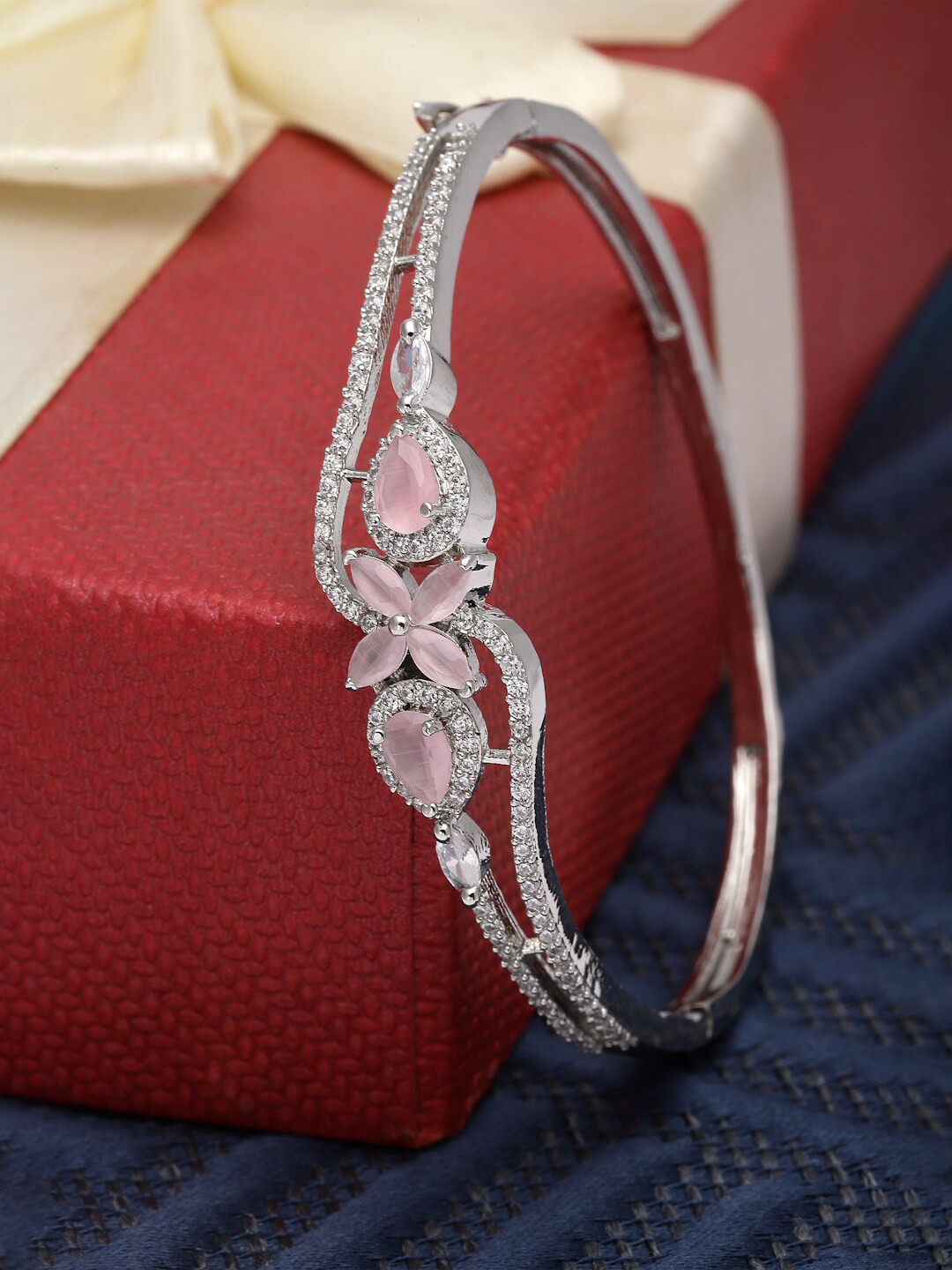 

ZENEME American Diamond Rhodium-Plated Kada Bracelet, Silver