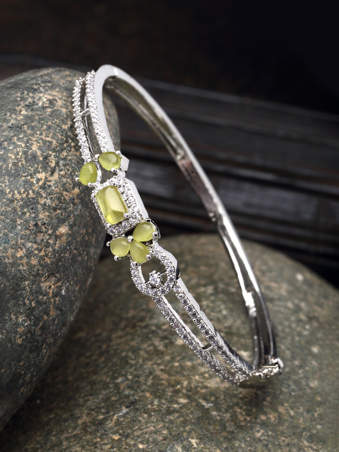 

ZENEME American Diamond Rhodium-Plated Kada Bracelet, Silver