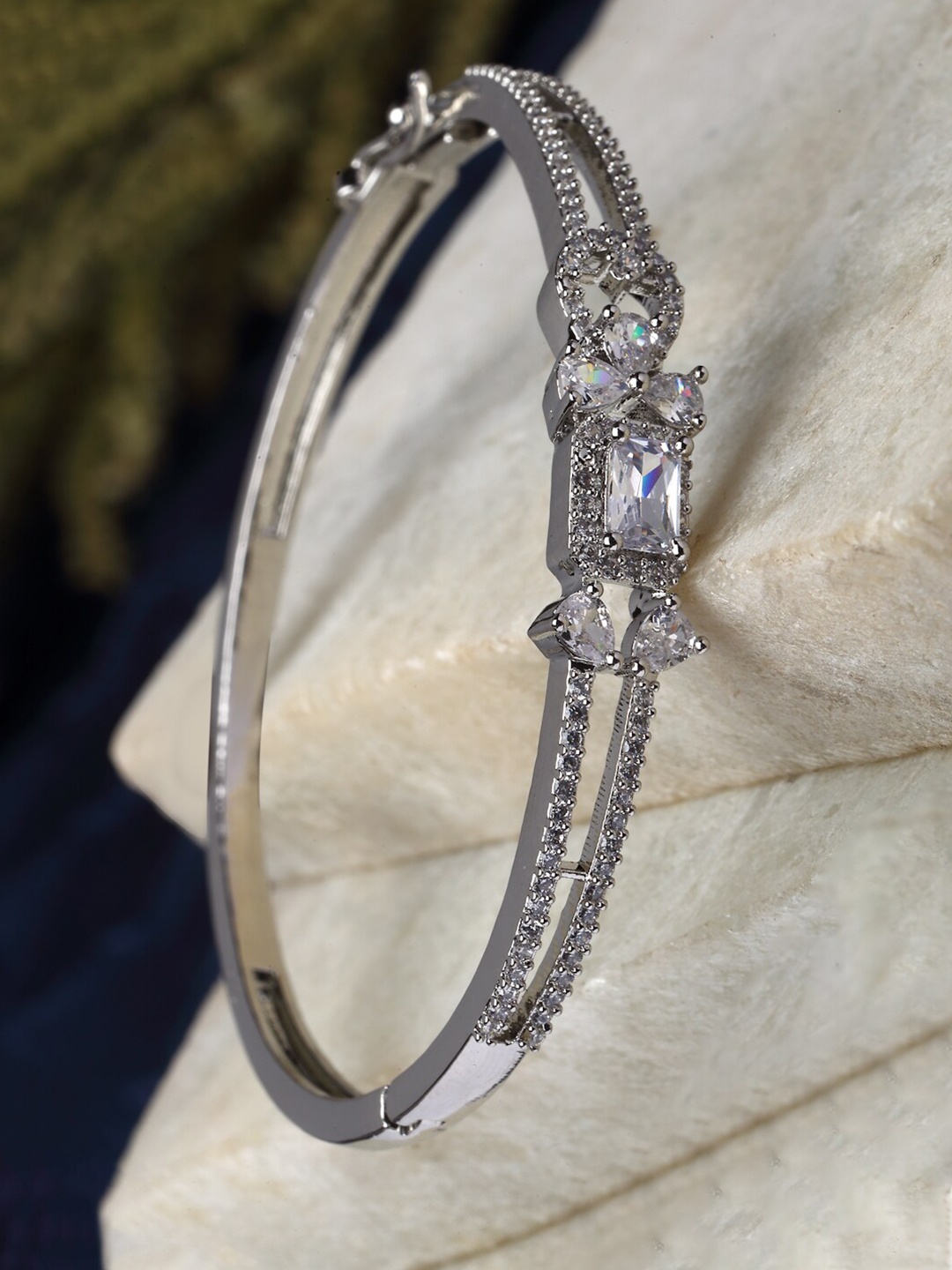 

ZENEME Brass American Diamond Rhodium-Plated Kada Bracelet, Silver