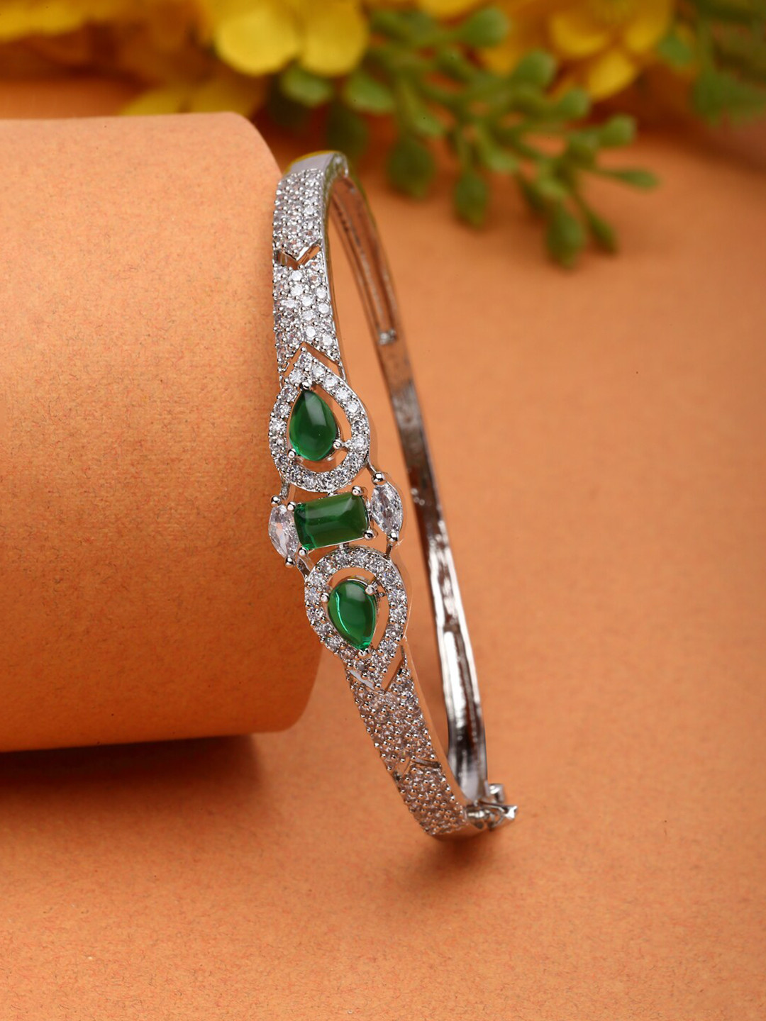 

ZENEME American Diamond Rhodium-Plated Kada Bracelet, Silver