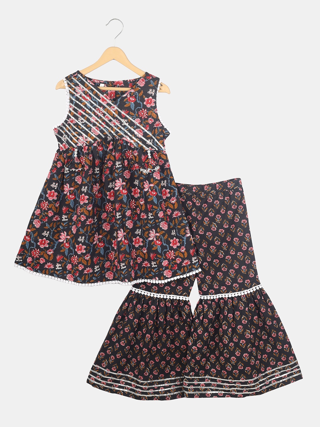 

CELEBRAVO Girls Floral Printed Gotta Patti Pure Cotton Kurta with Sharara, Black