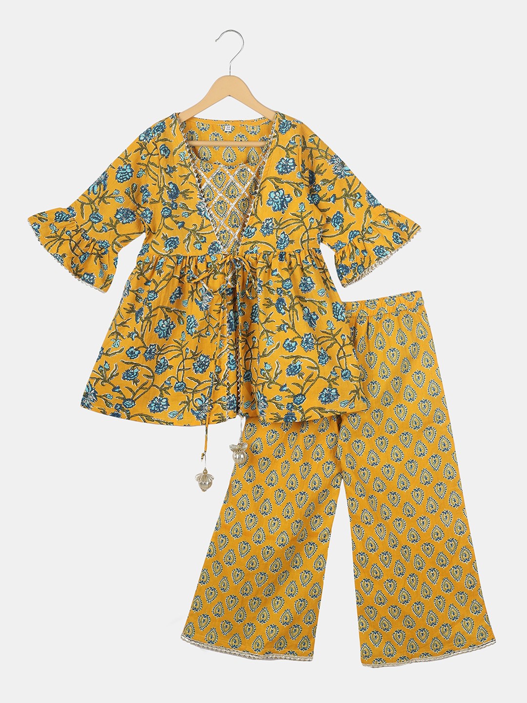 

CELEBRAVO Girls Floral Printed Regular Pure Cotton A-Line Kurta with Trousers & Jacket, Yellow