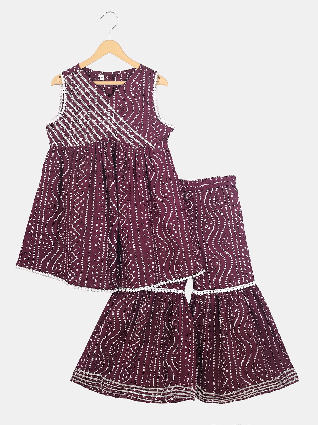 

CELEBRAVO Girls Bandhani Printed Gotta Patti Pure Cotton Kurta With Sharara, Purple