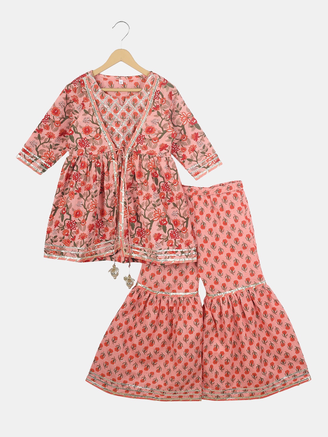 

CELEBRAVO Girls Floral Printed A-Line Pure Cotton Kurta with Sharara & Jacket, Pink