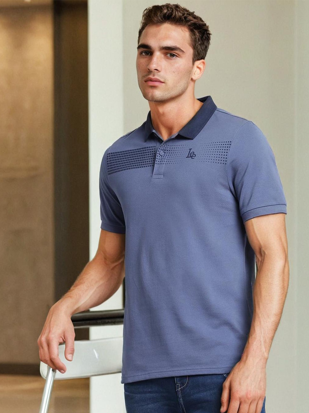 Lee Typography Printed Polo Collar Slim Fit Cotton T-shirt, Blue