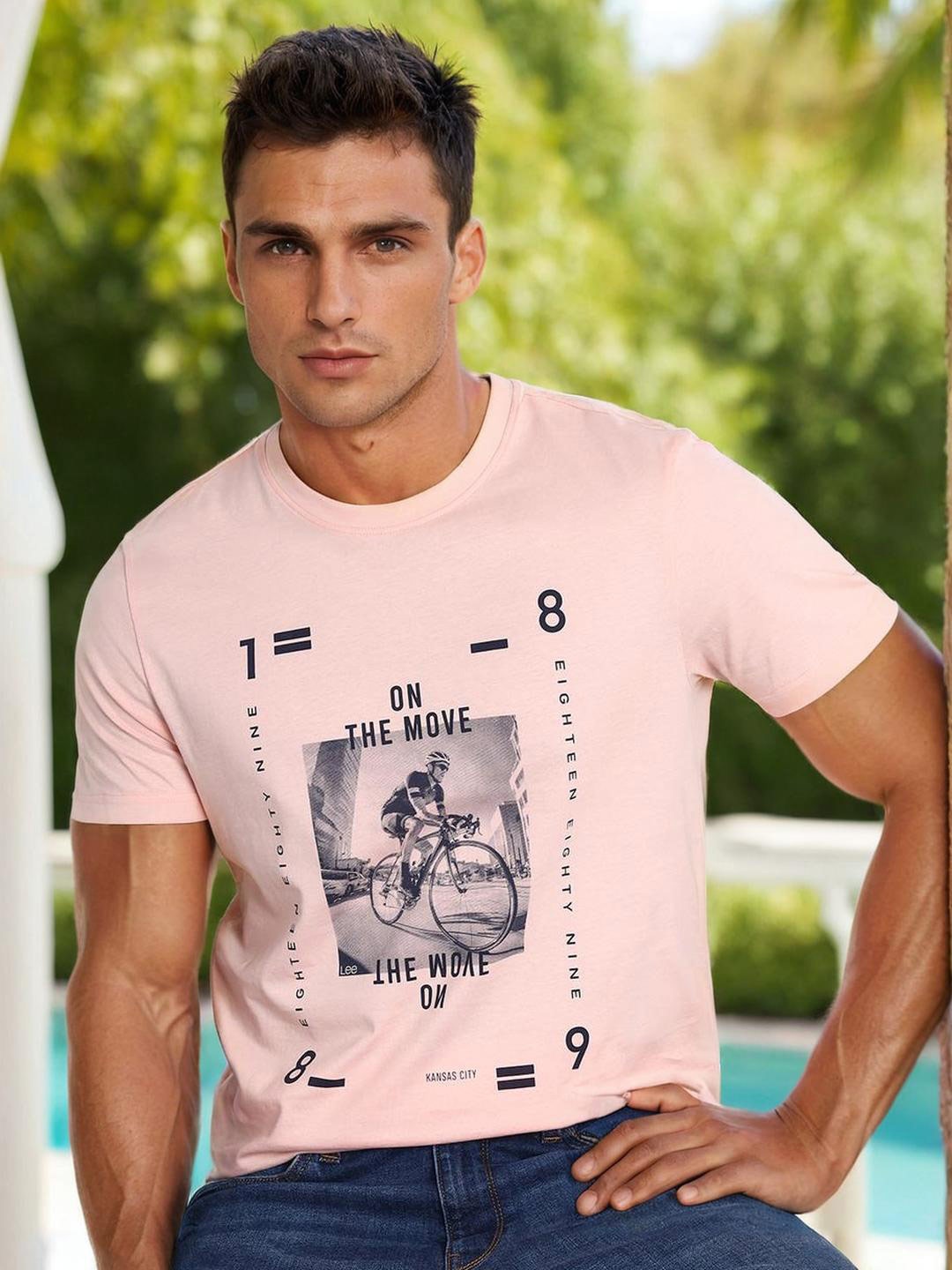 Lee Typography Printed Slim Fit Casual Cotton T-shirt, Pink