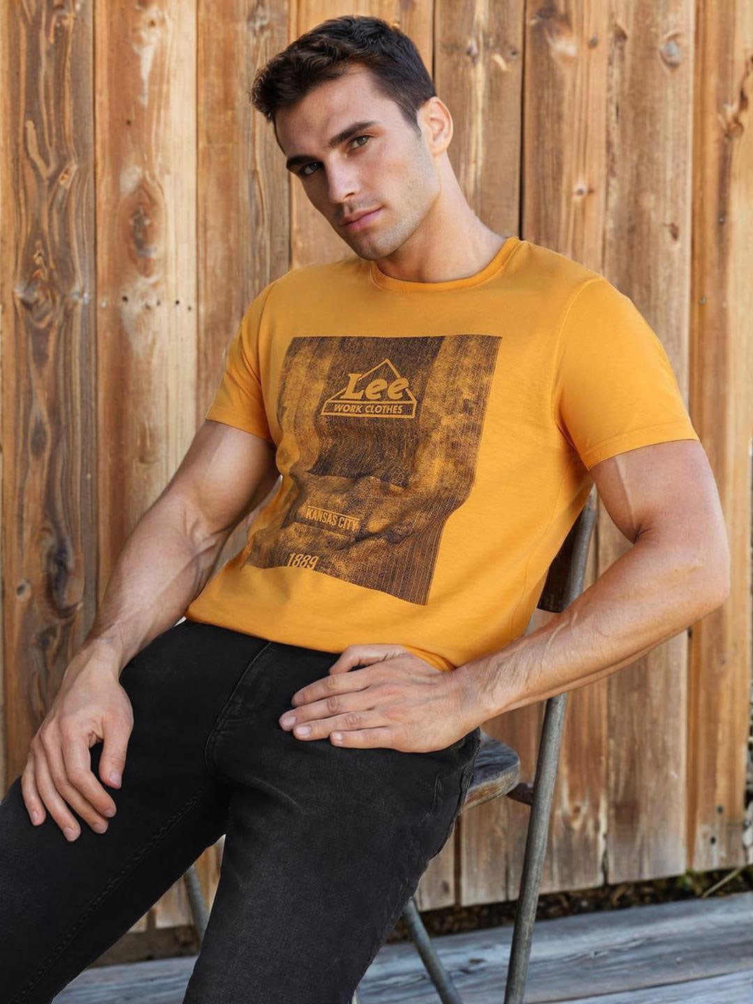 Lee Typography Printed Slim Fit Cotton T-shirt, Yellow