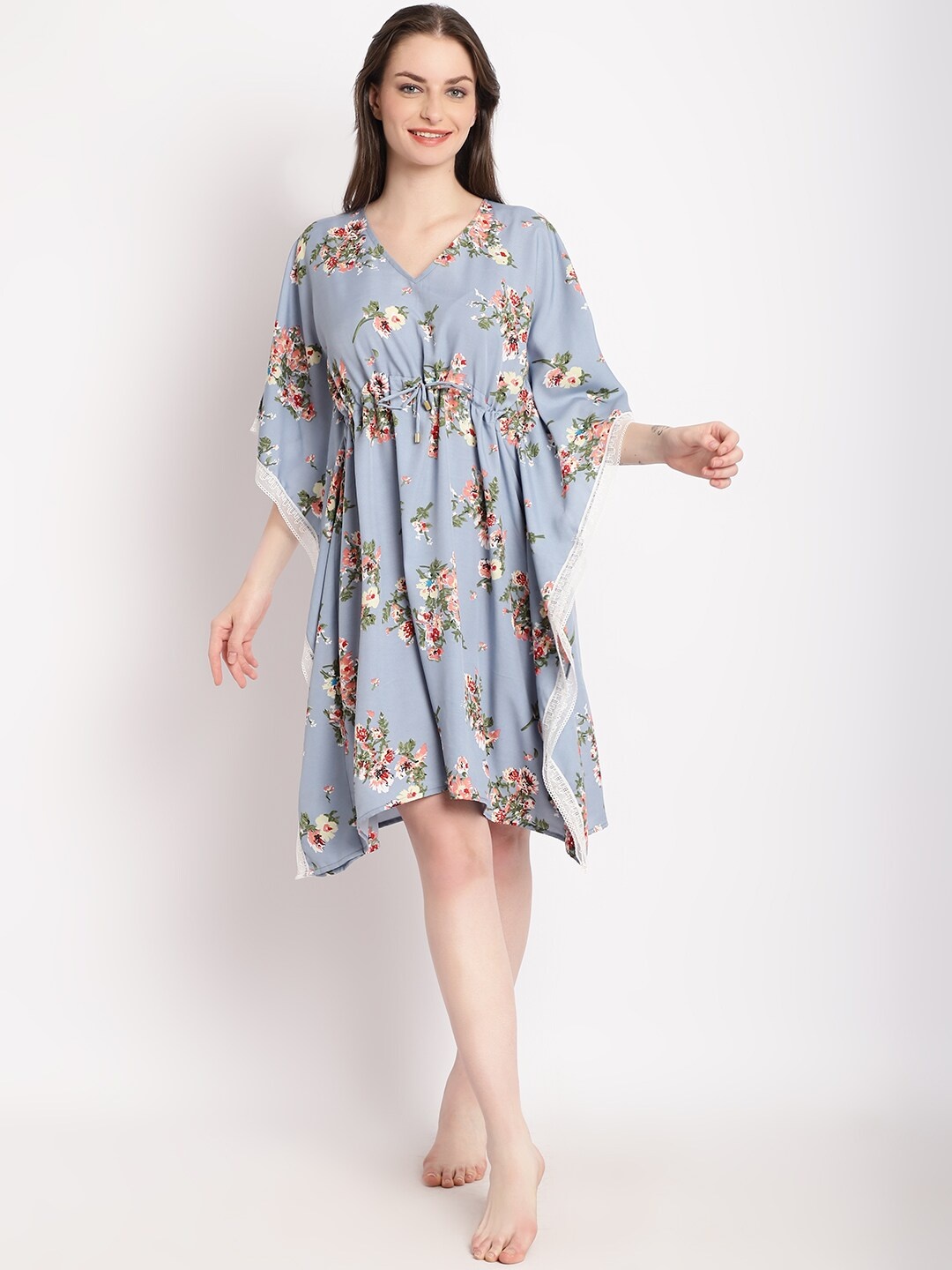 

EROTISSCH Floral Printed V-Neck Kaftan Nightdress, Blue