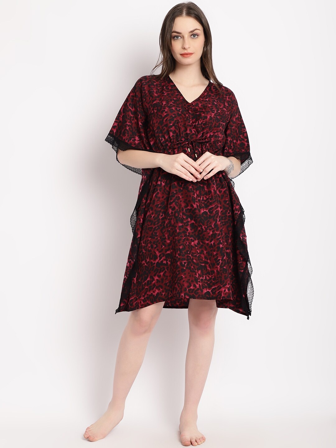 

EROTISSCH Animal Printed V-Neck Kaftan Nightdress, Maroon