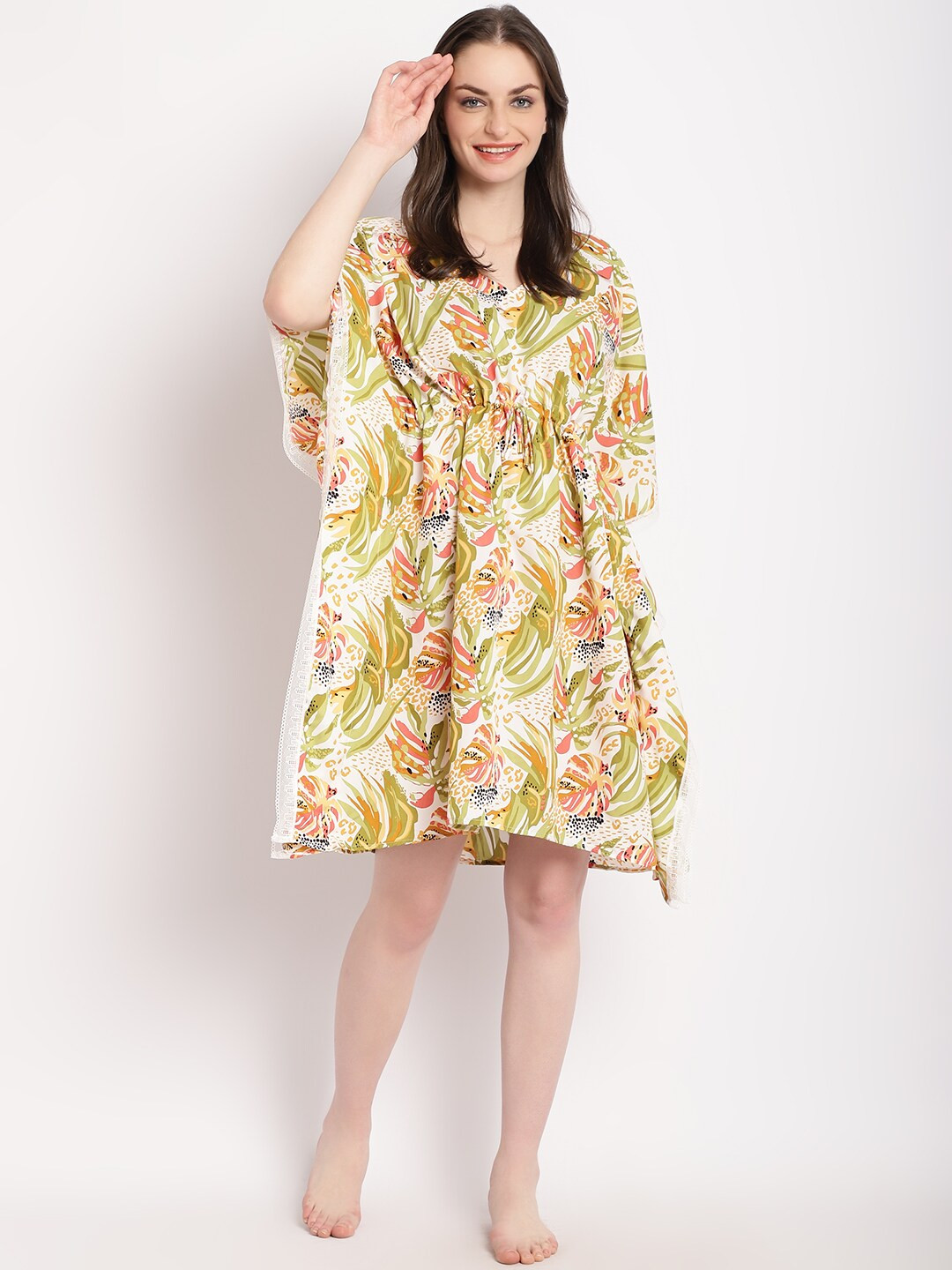 

EROTISSCH Tropical Printed V-Neck Kaftan Nightdress, Green