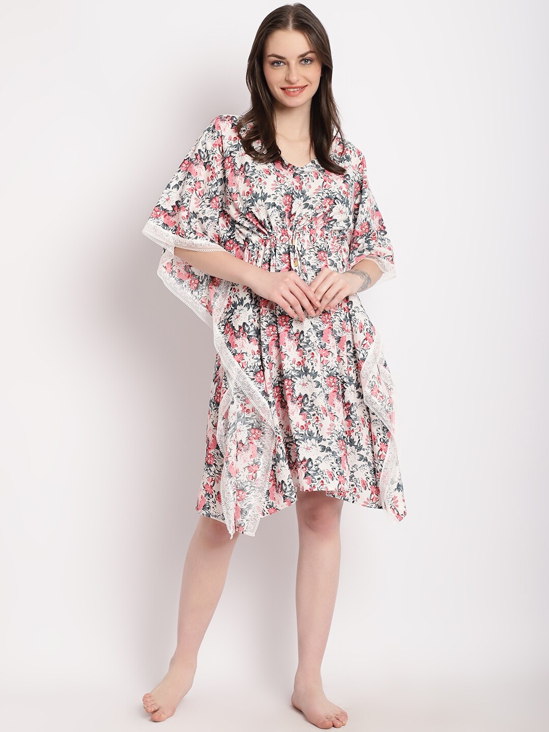 

EROTISSCH Floral Printed V-Neck Kaftan Nightdress, White