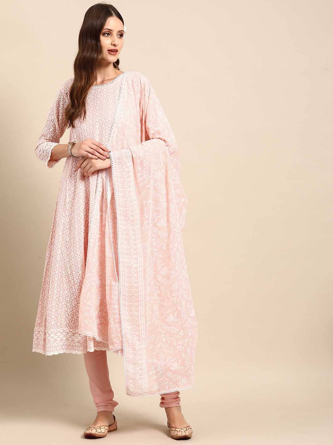 

Anouk Women Floral Embroidered Regular Chikankari Kurta with Churidar & Dupatta, Pink