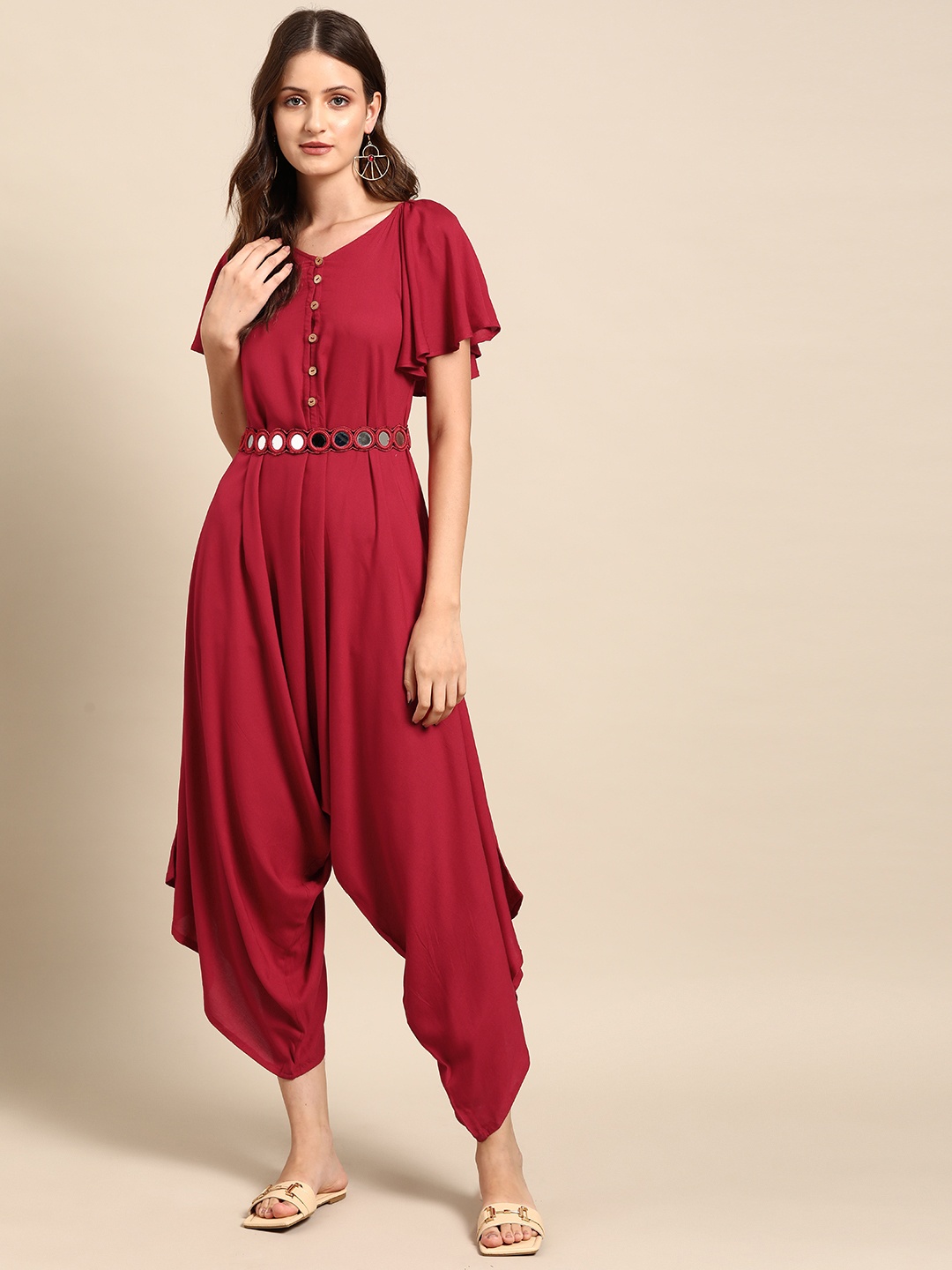

Anouk Embellished Culotte Jumpsuit with Belt, Red