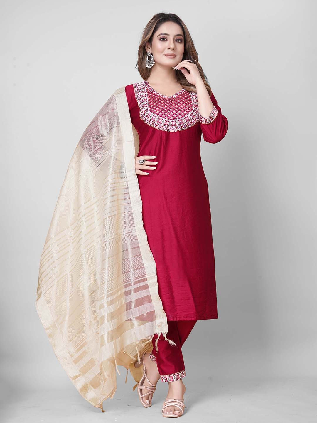 

PRASTHAN Floral Yoke Design Embroidered Kurta & Trousers With Dupatta, Red