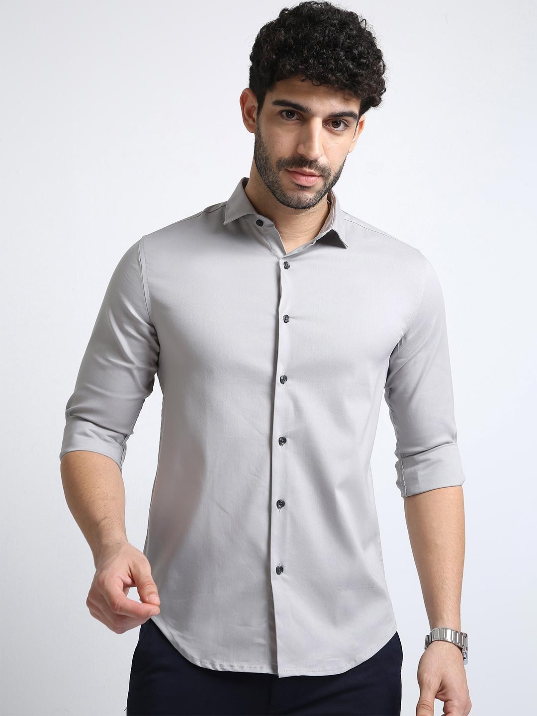 

BADMAASH Spread Collar Slim Fit Cotton Casual Shirt, Grey