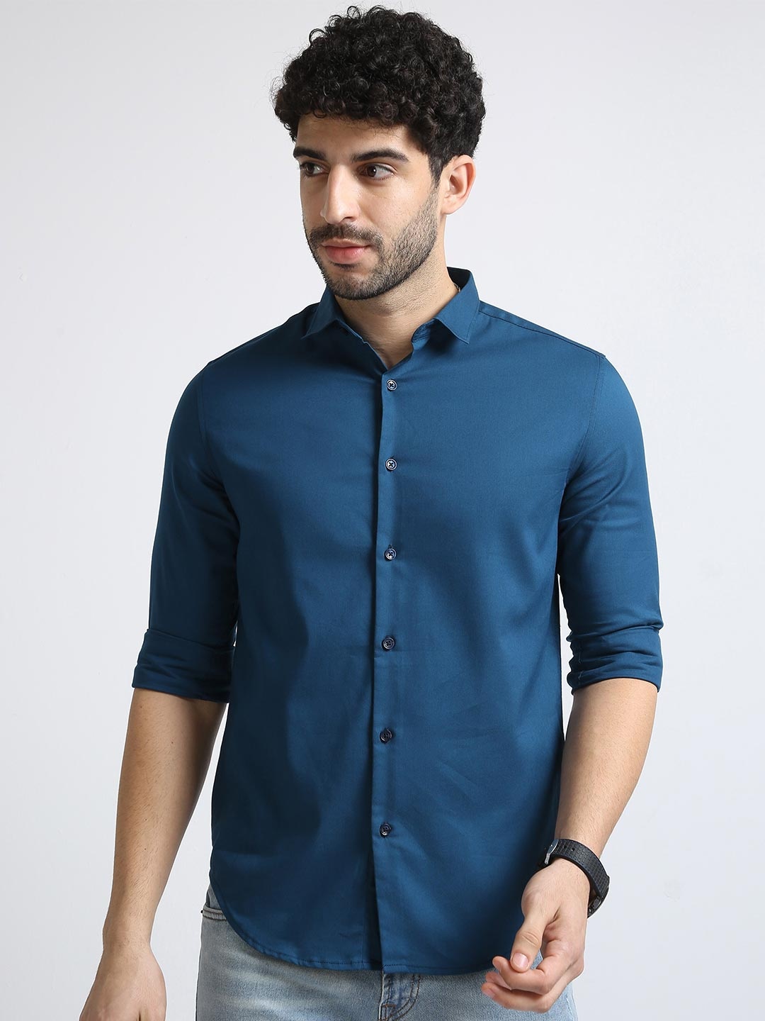 

BADMAASH Spread Collar Slim Fit Cotton Casual Shirt, Blue