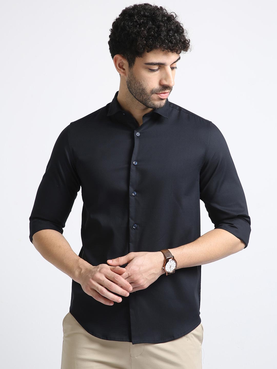 

BADMAASH Slim Fit Opaque Pure Cotton Casual Shirt, Navy blue