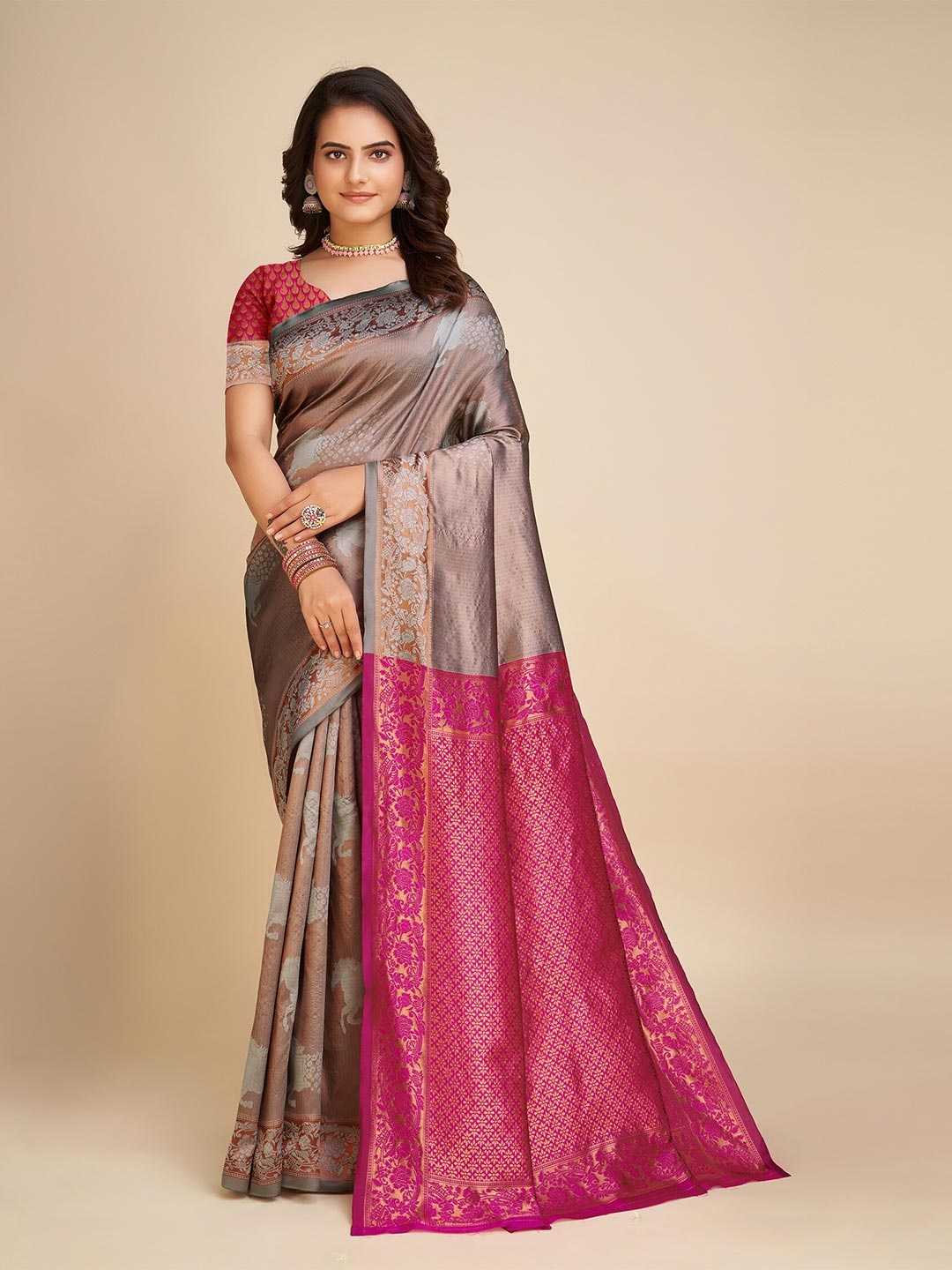 

Anjaneya Sarees Woven Design Zari Banarasi Saree, Grey