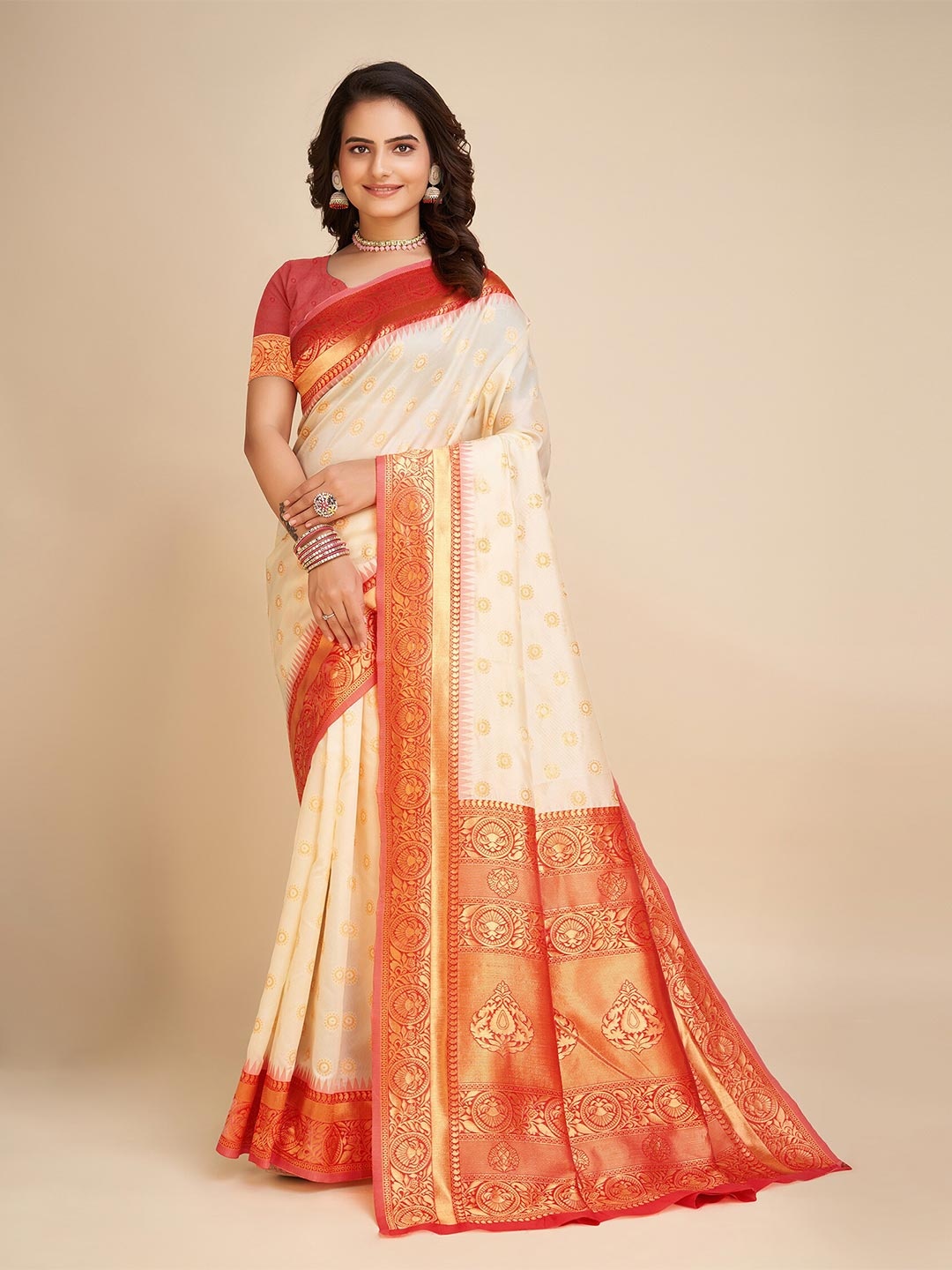 

Anjaneya Sarees Woven Design Zari Banarasi Saree, Cream