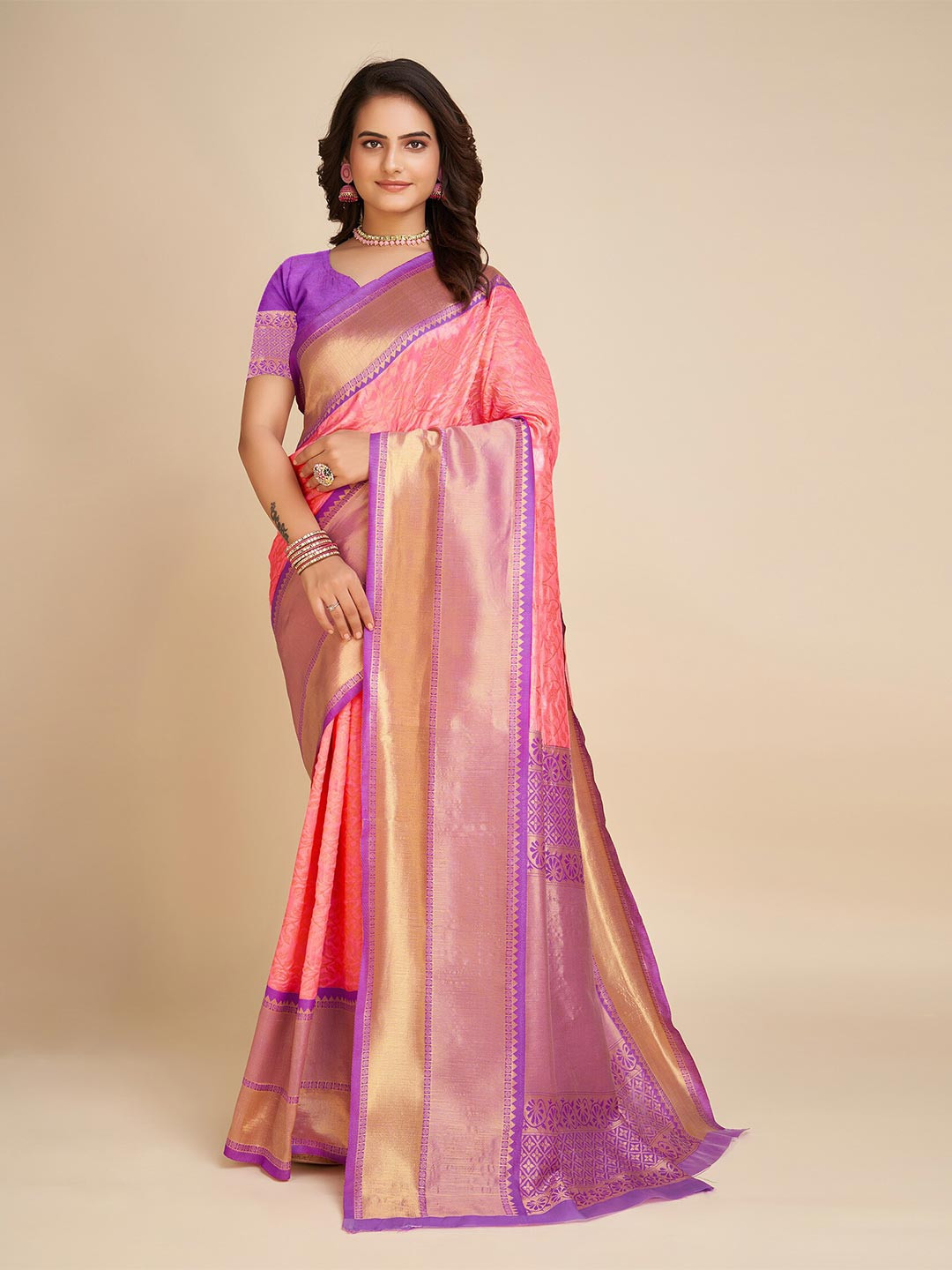 

Anjaneya Sarees Woven Design Zari Banarasi Saree, Pink