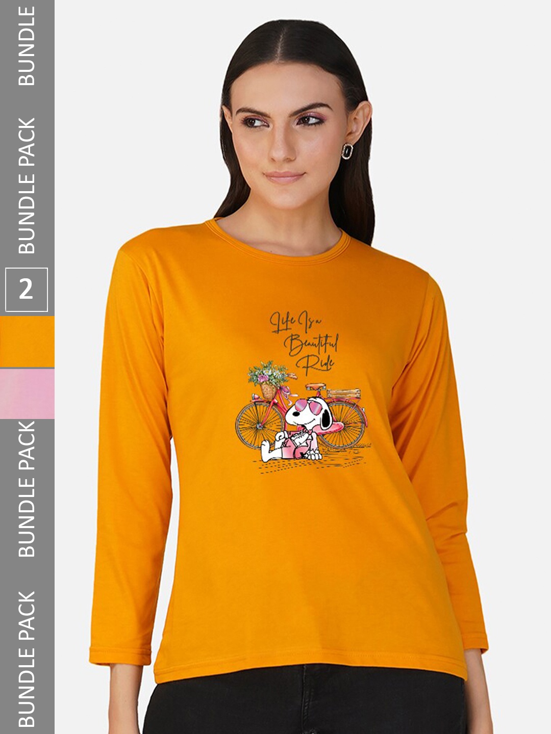 

CHOZI Pack Of 2 Printed Cotton T-shirt, Mustard