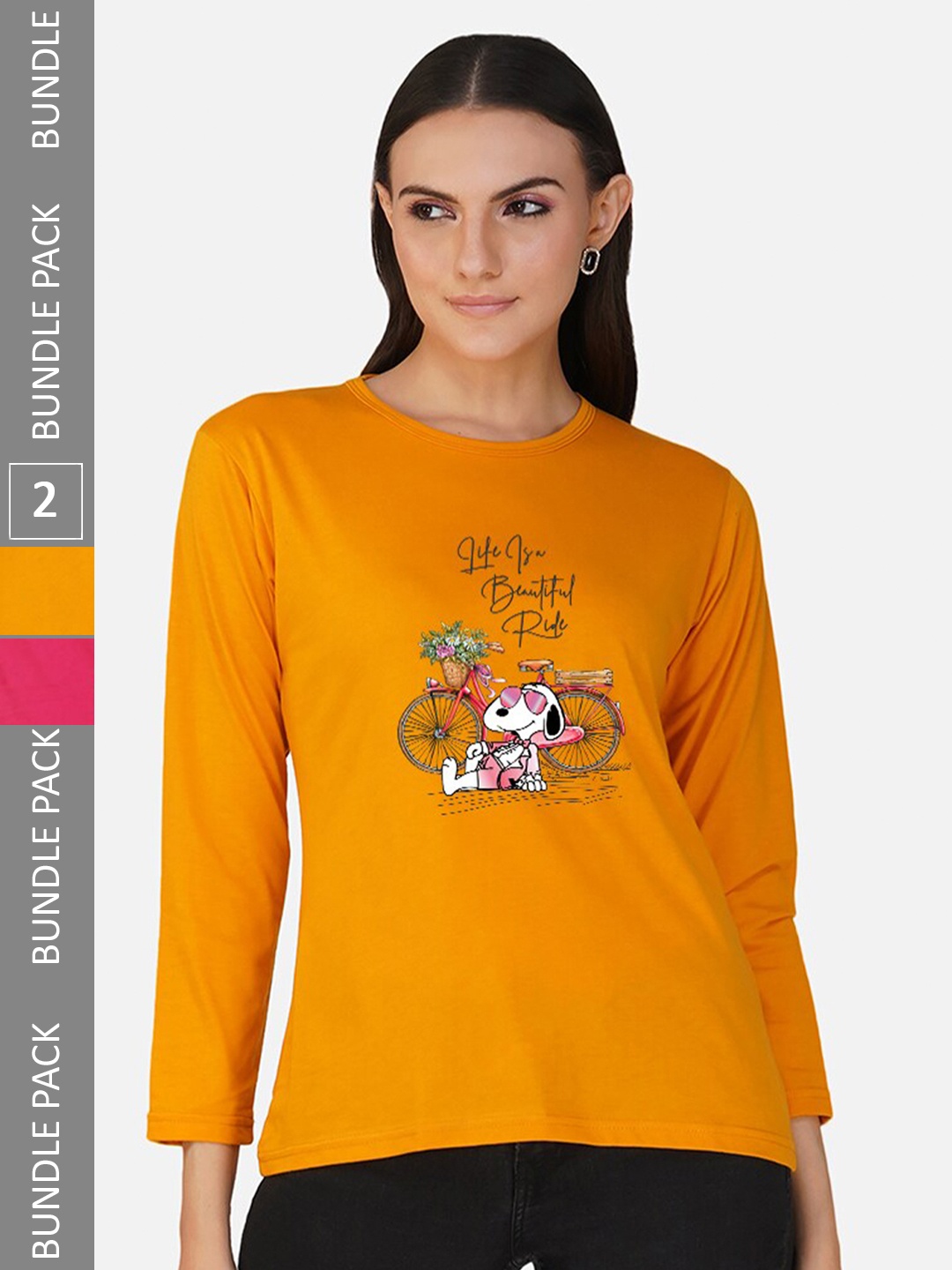 

CHOZI Pack Of 2 Printed Round Neck Cotton T-shirt, Yellow