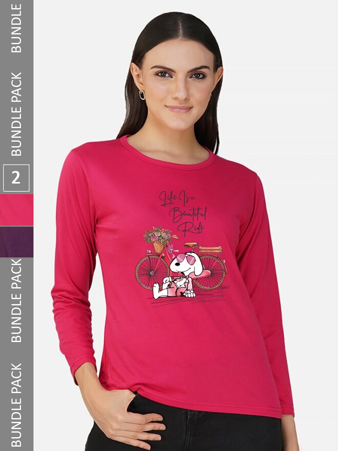 CHOZI Pack Of 2 Graphic Snoopy Printed Cotton Casual T-shirt, Pink