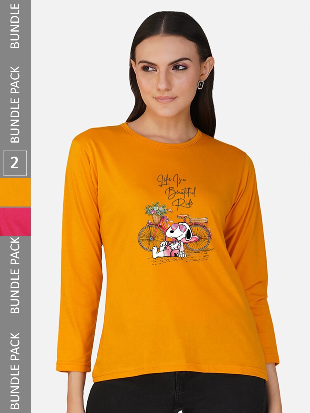 

CHOZI Pack Of 2 Graphic Snoopy Printed Cotton Casual T-shirt, Mustard