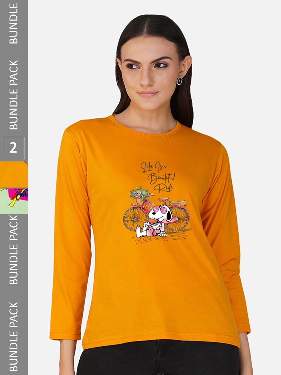 

CHOZI Pack Of 2 Graphic Snoopy Printed Cotton Casual T-shirt, Mustard