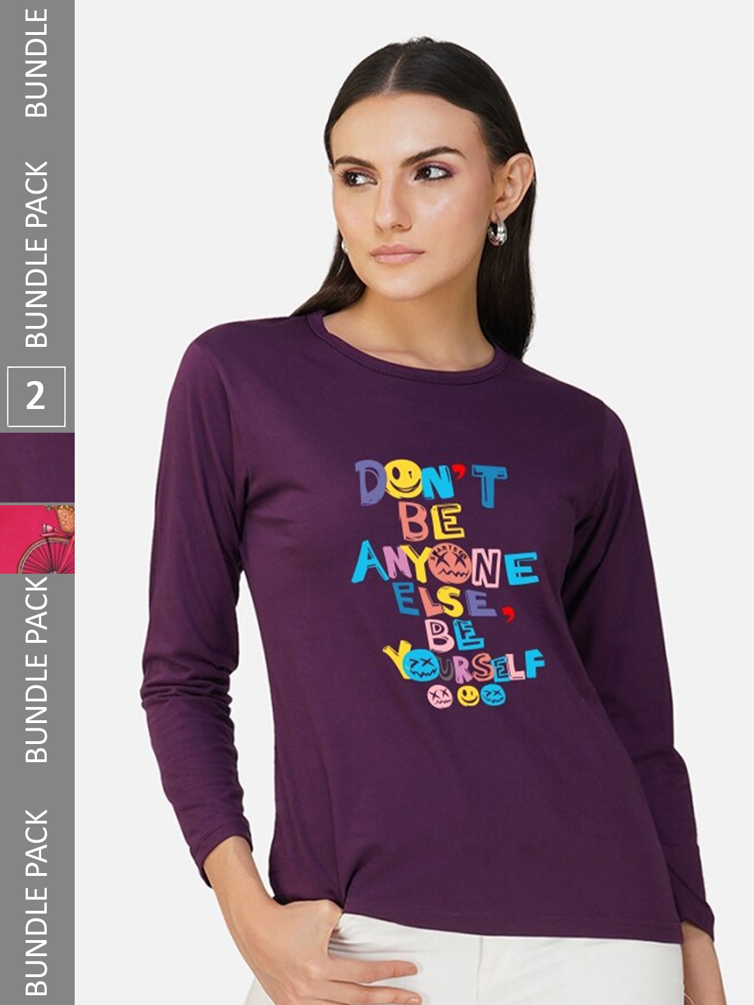 CHOZI Pack Of 2 Typography Printed Cotton T-shirt, Purple