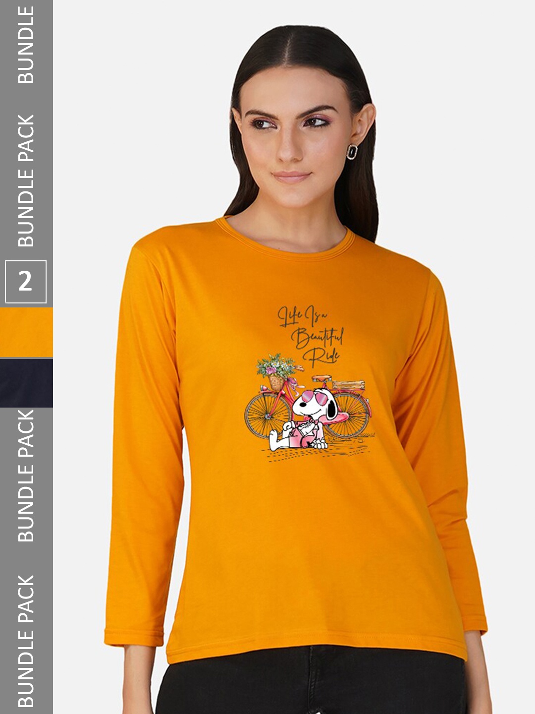 

CHOZI Pack Of 2 Graphic Snoopy Printed Cotton Casual T-shirt, Mustard