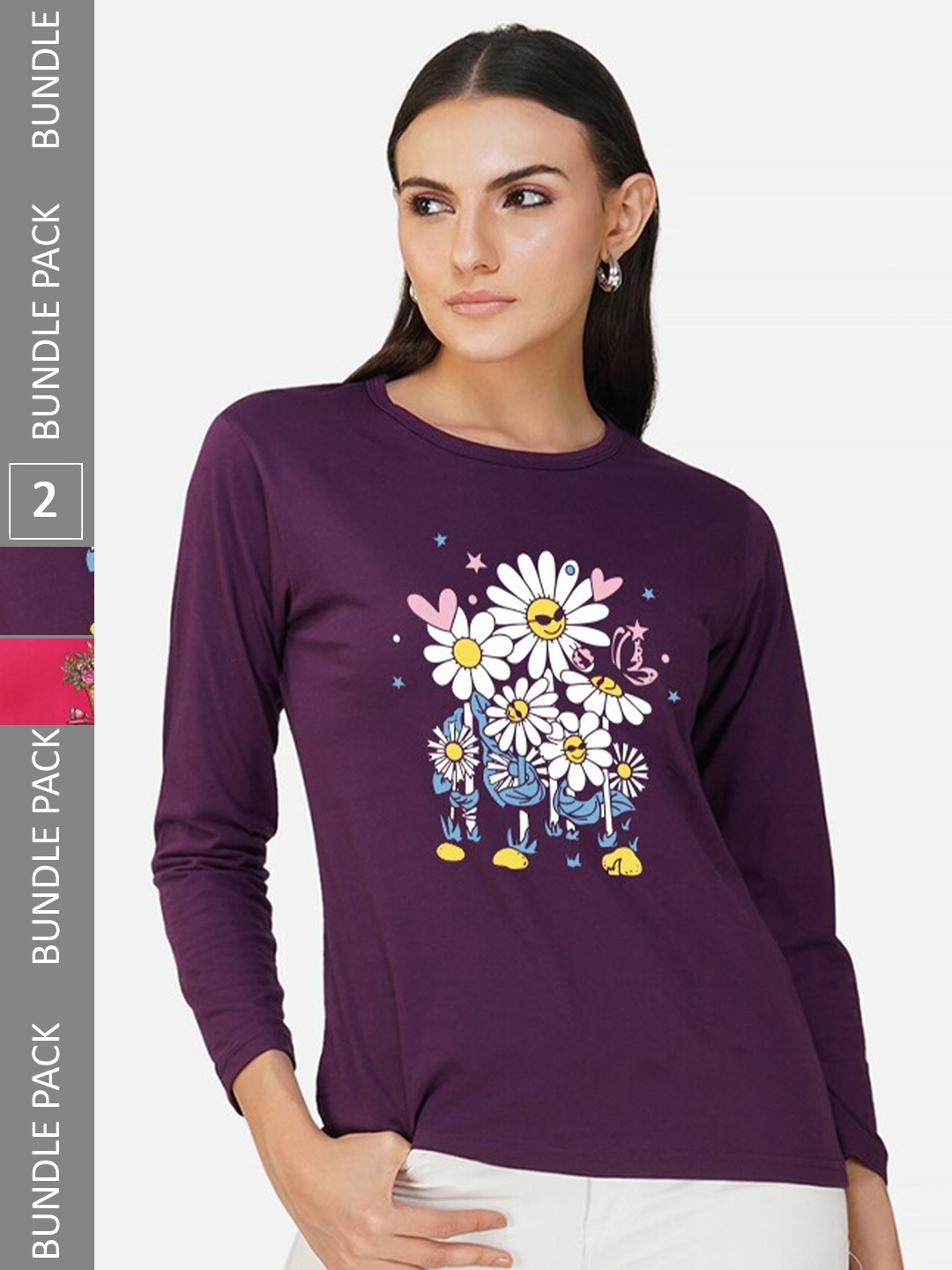 

CHOZI Pack Of 2 Graphic Printed Cotton T-shirt, Purple