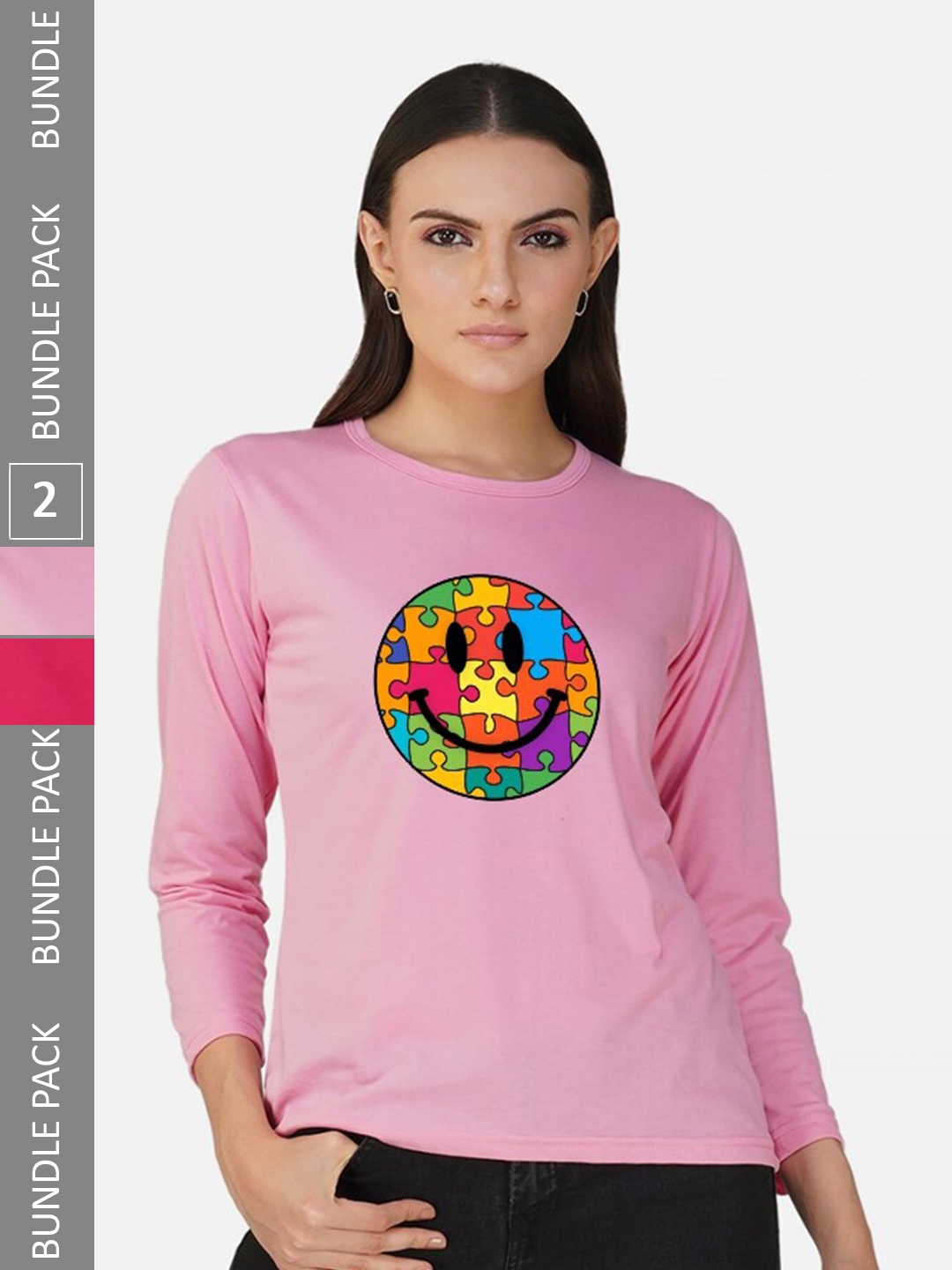 

CHOZI Pack Of 2 Graphic Printed Long Sleeves Cotton T-shirt, Pink