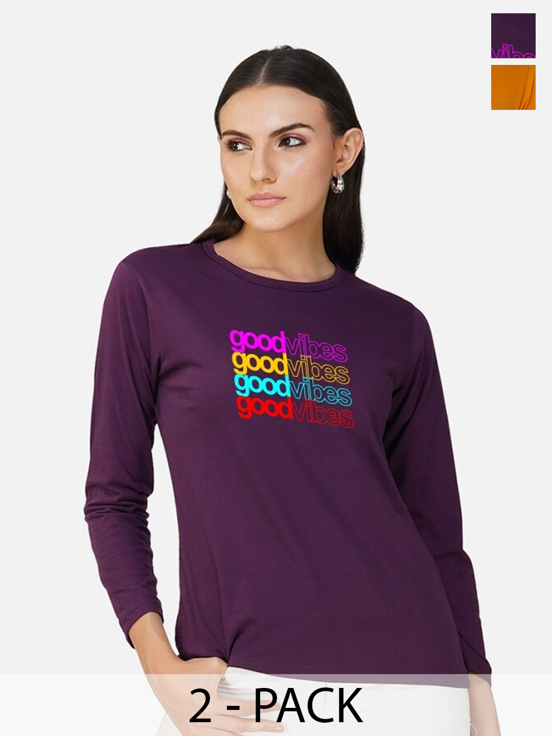 

CHOZI Pack Of 2 Typography Printed Cotton T-shirt, Purple