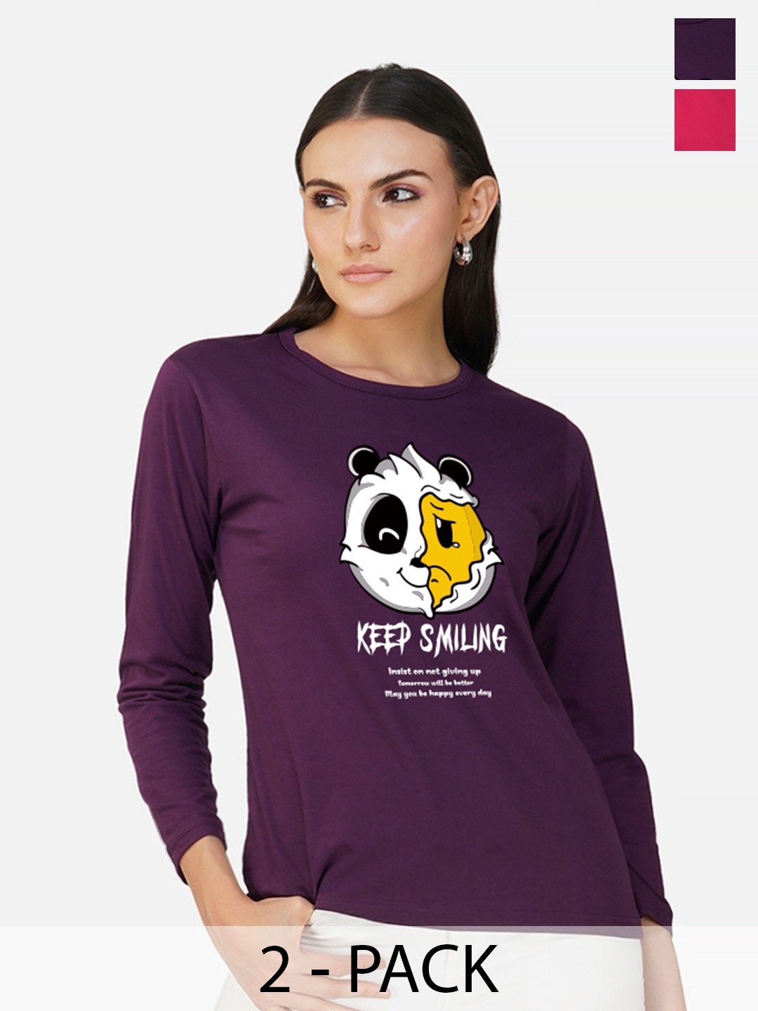 

CHOZI Pack Of 2 Typography Printed Cotton T-shirt, Purple
