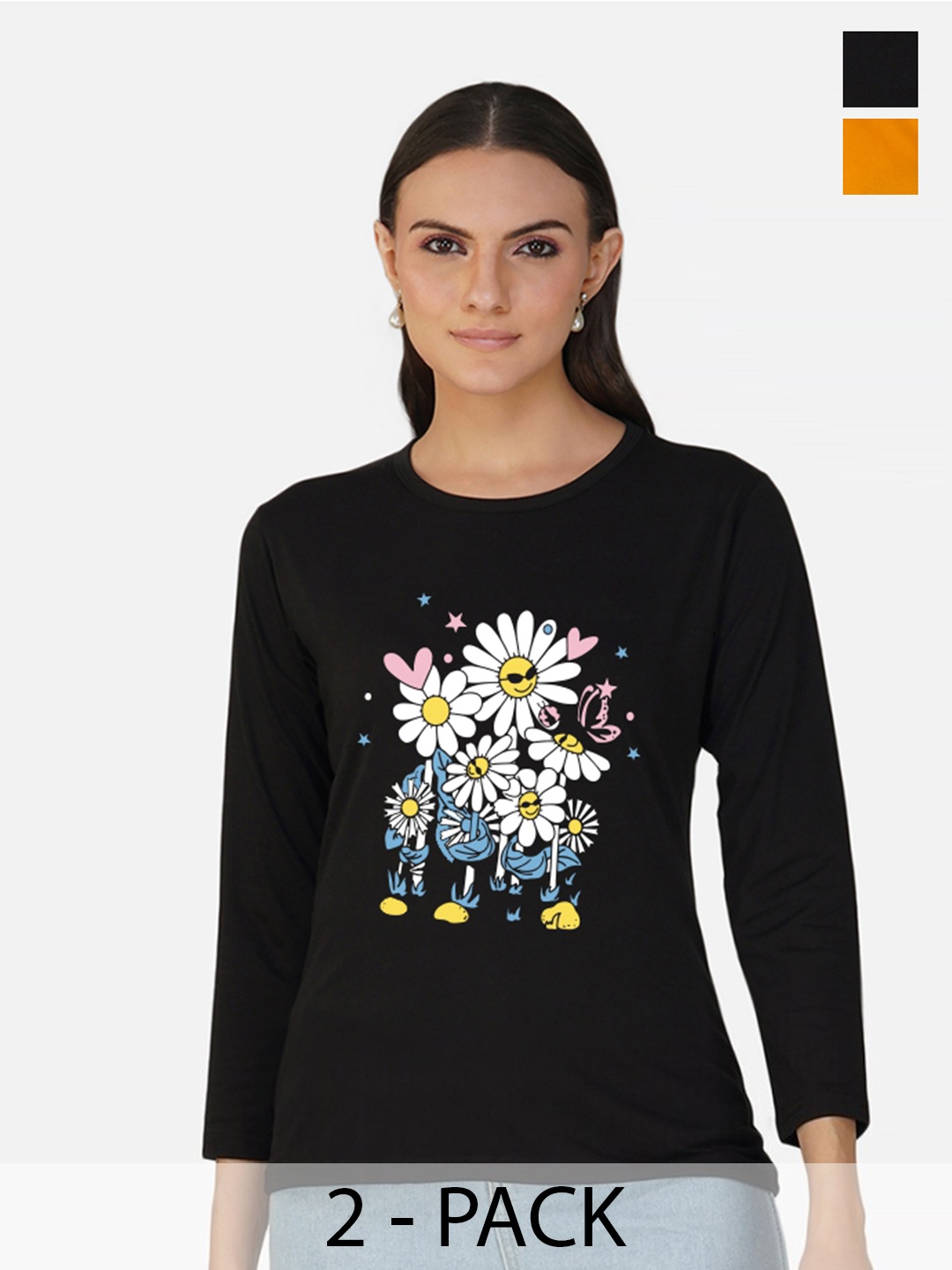 

CHOZI Pack Of 2 Floral Printed Cotton T-shirt, Black