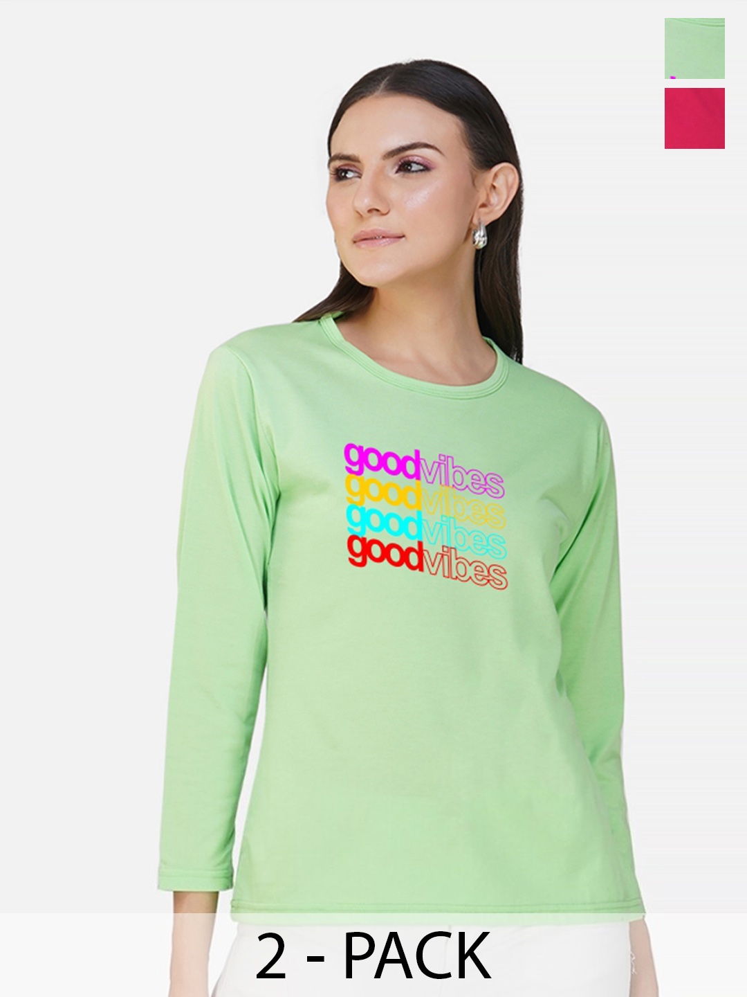 CHOZI Pack Of 2 Typography Printed Cotton T-shirt, Lime green