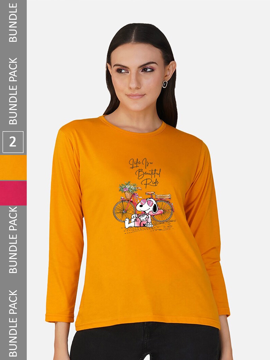 

CHOZI Pack Of 2 Printed Round Neck Cotton T-shirt, Mustard