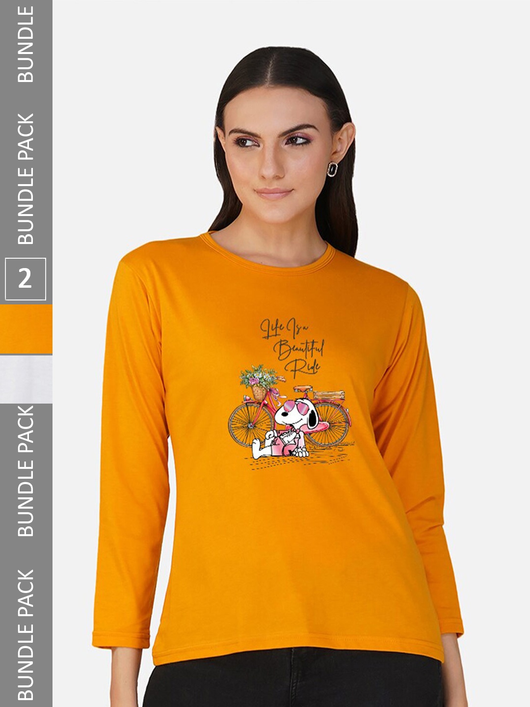 

CHOZI Pack Of 2 Graphic Snoopy Printed Cotton Casual T-shirt, Mustard