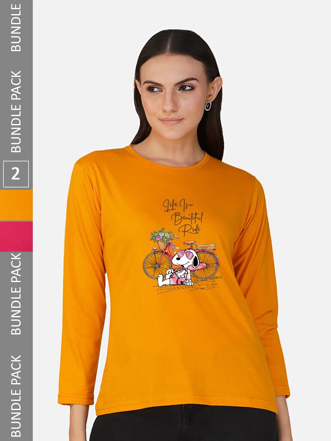 

CHOZI Pack Of 2 Typographic Printed Round Neck Cotton T-shirt, Mustard