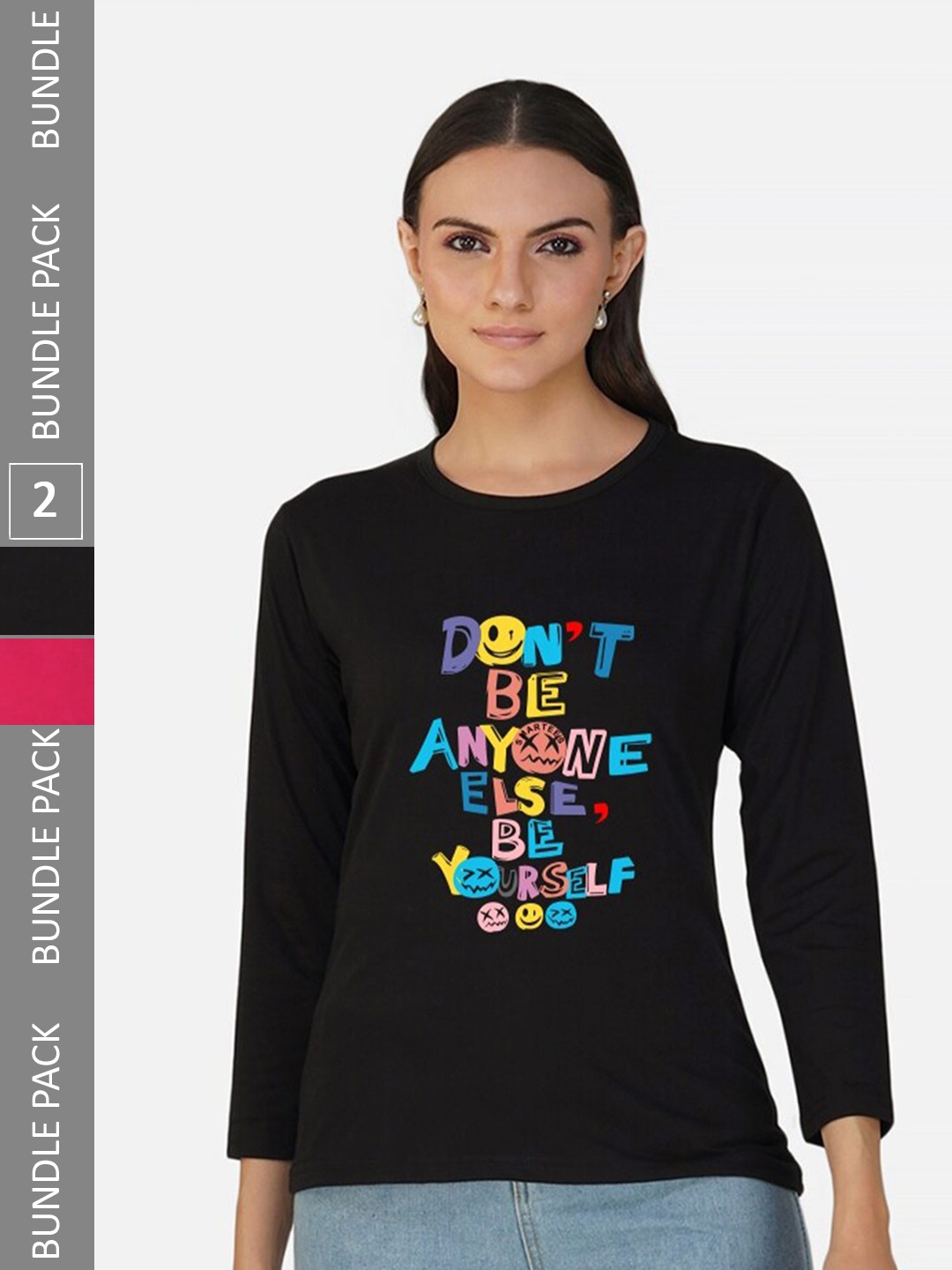 CHOZI Pack of 2 Typography Printed Cotton T-shirts, Black