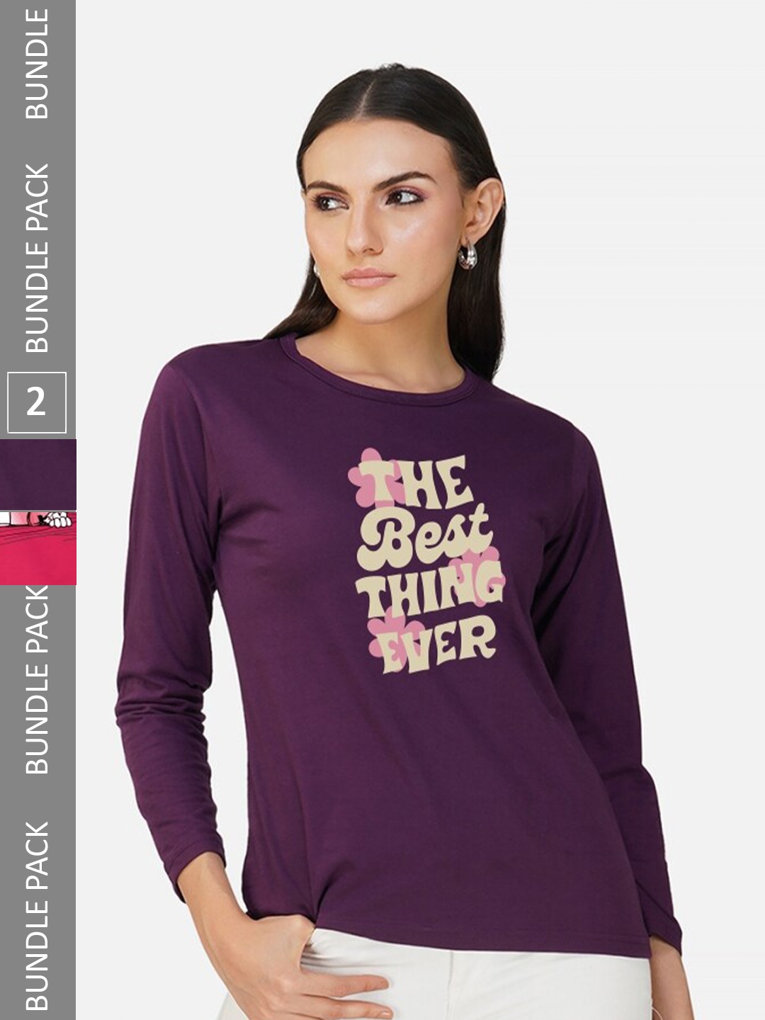 

CHOZI Pack Of 2 Printed Round Neck Cotton T-shirt, Purple