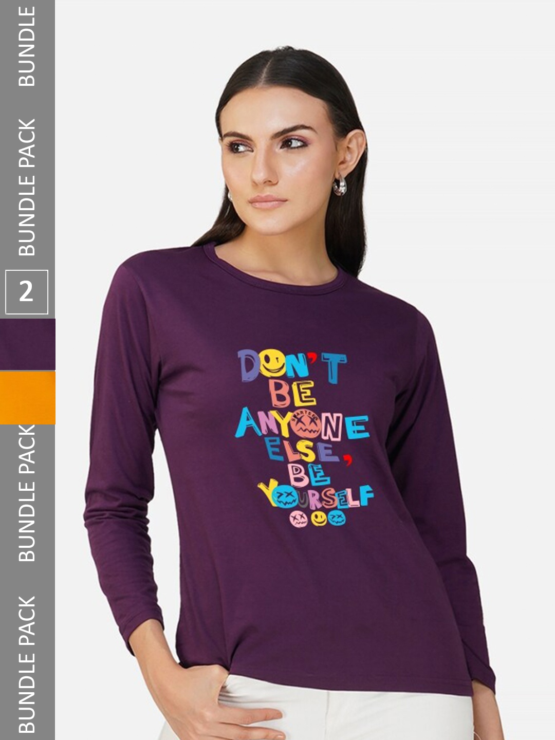 

CHOZI Pack Of 2 Typography Printed Long Sleeves Cotton T-shirt, Purple