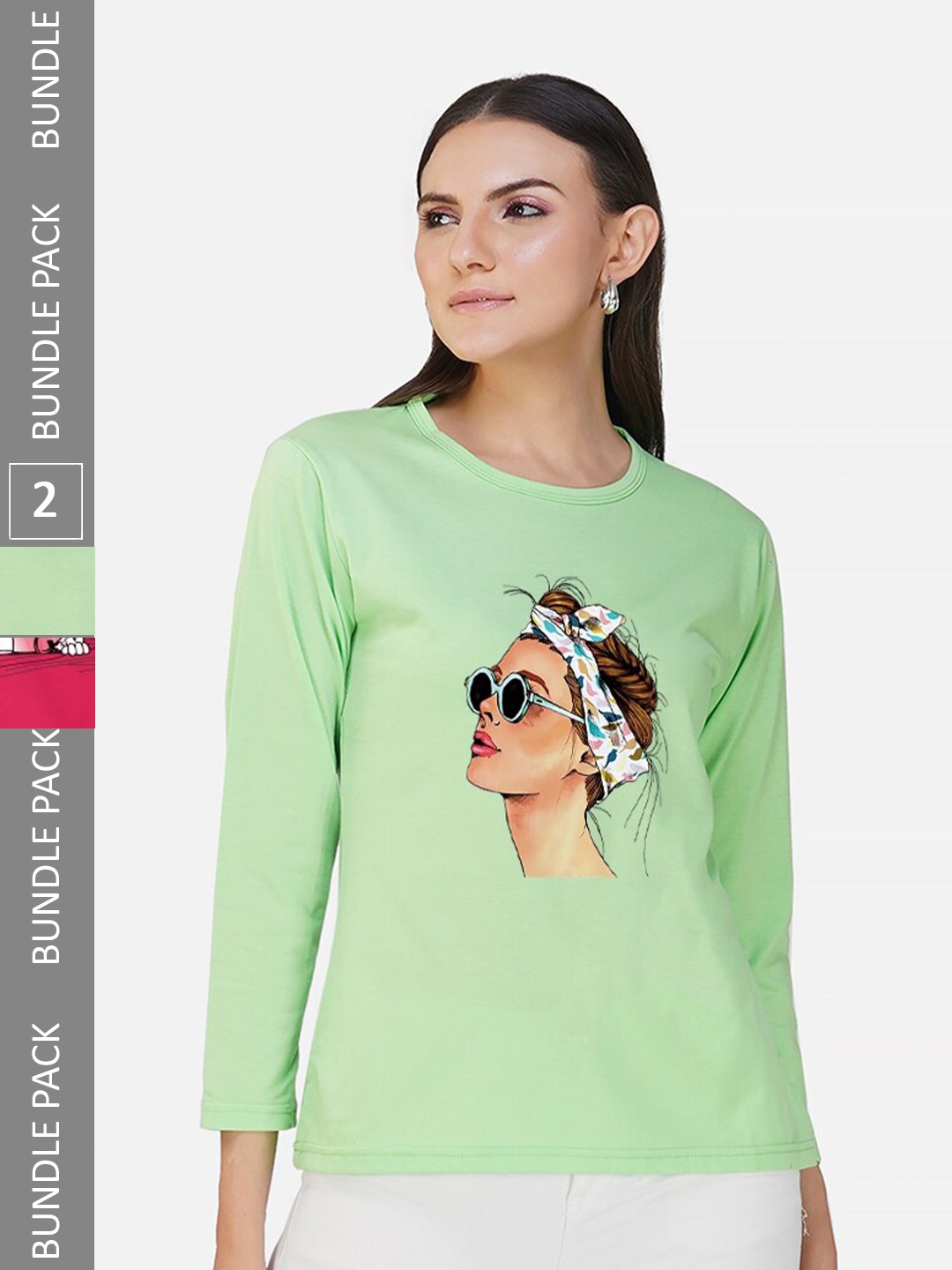 

CHOZI Pack Of 2 Printed Round Neck Cotton T-shirt, Lime green