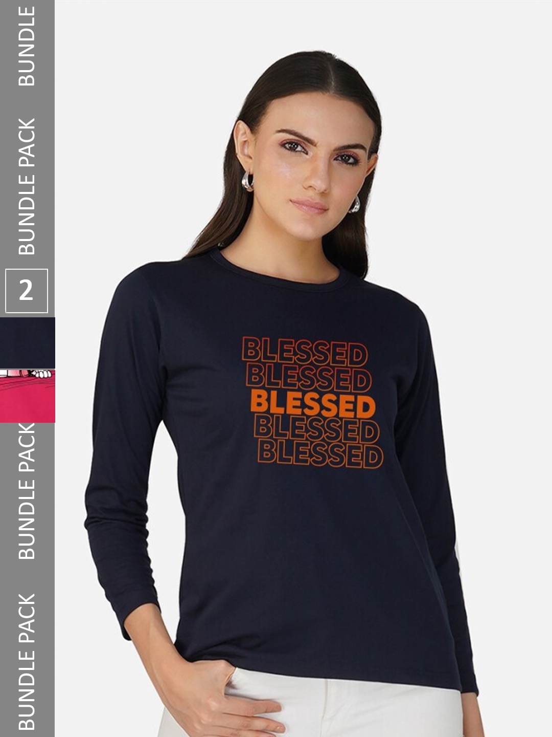 CHOZI Pack Of 2 Printed Round Neck Cotton T-shirt, Navy blue