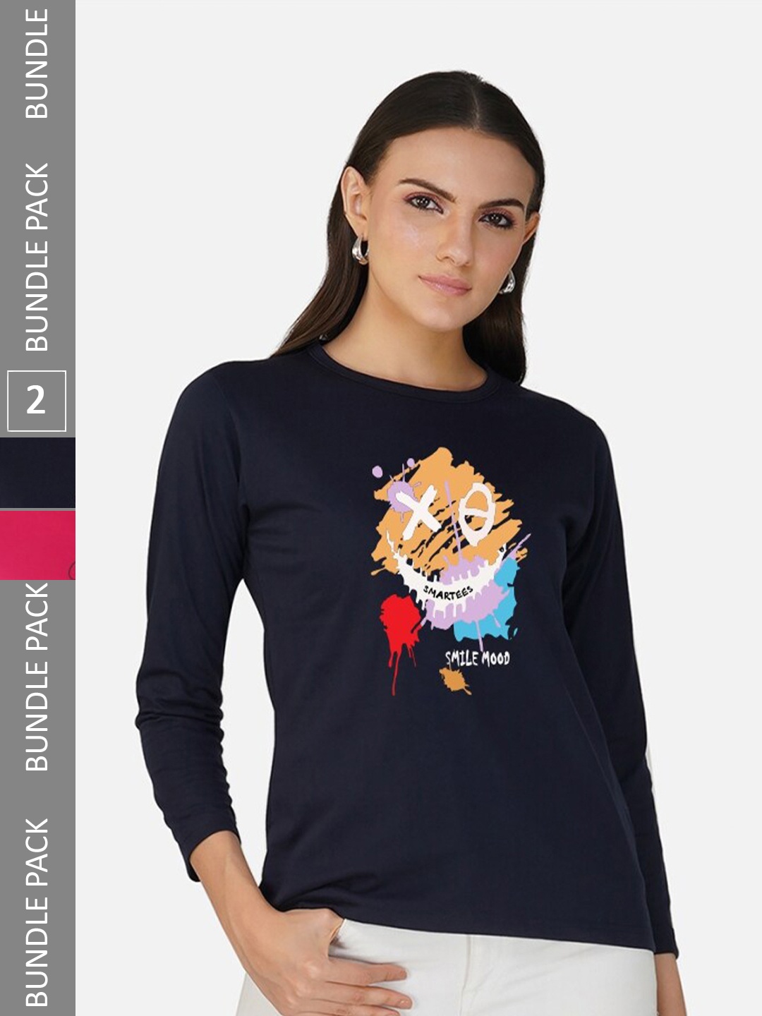 CHOZI Pack Of 2 Printed Round Neck Cotton T-shirt, Navy blue