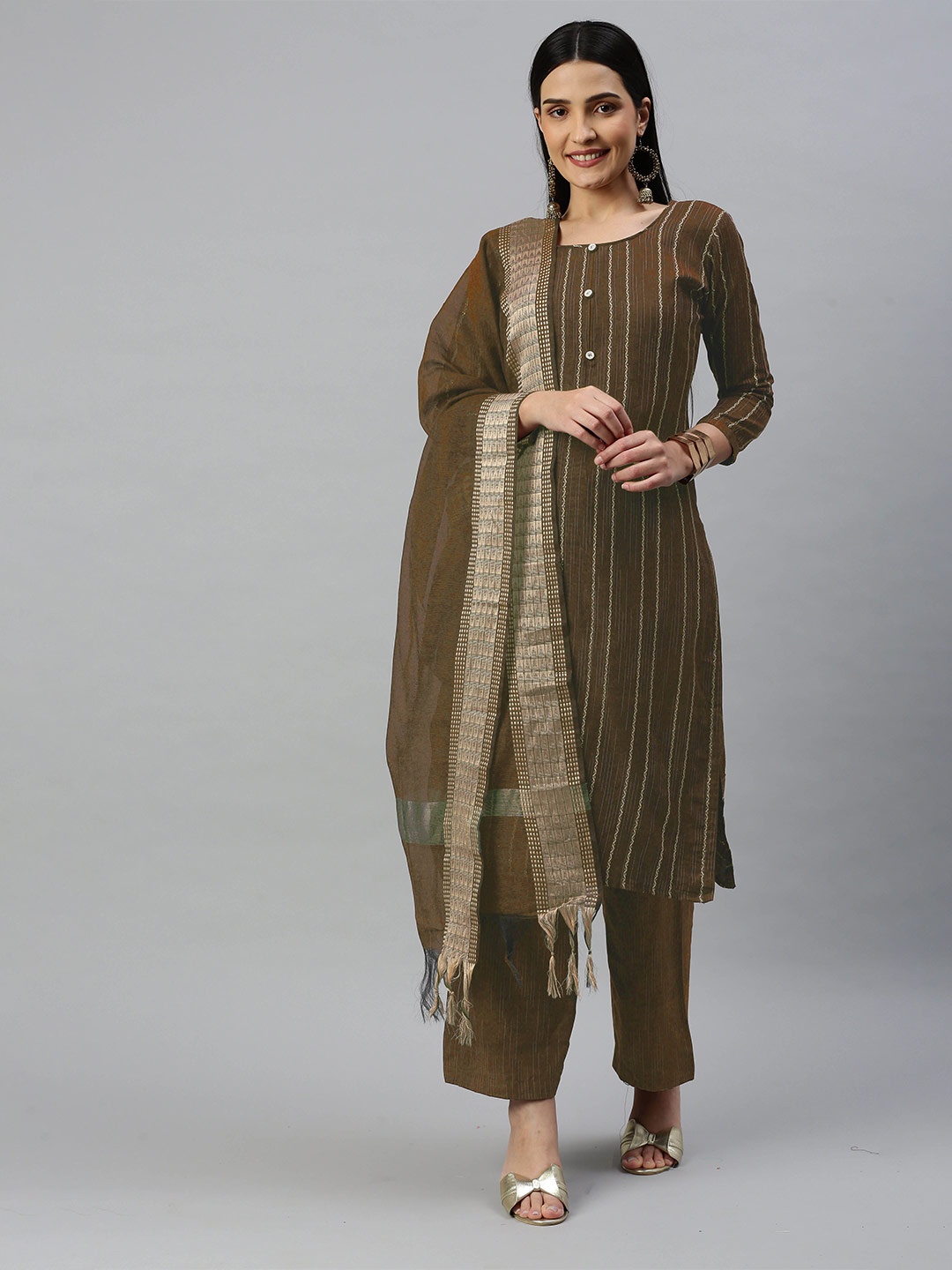 

MANVAA Striped Woven Design Unstitched Dress Material, Brown